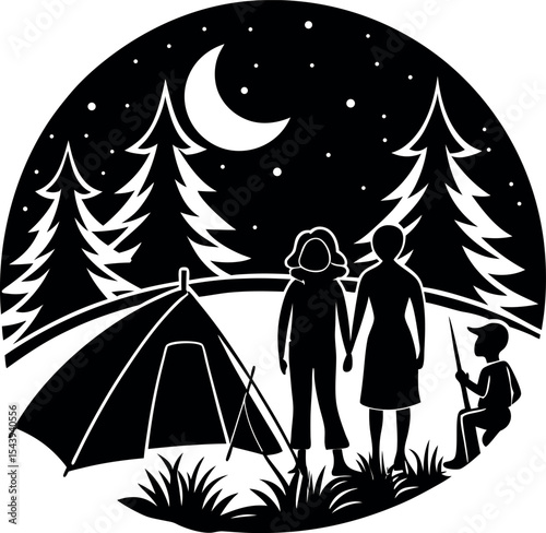 Family Camping Under Summer Sky Vector Silhouette On White Background