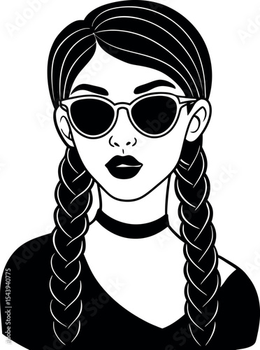 Girl With Braided Hair Wearing Sunglasses Vector Silhouette On White Background
