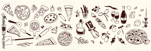 Hand-drawn Italian pizza illustrations set featuring a variety of whole and sliced pizzas, toppings, and decorative ingredients.