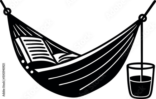 Hammock With Book And Drink Vector Silhouette On White Background