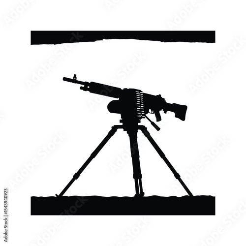 Black Silhouette of a Machine Gun on Tripod Military Weapon War Army Combat Weaponry