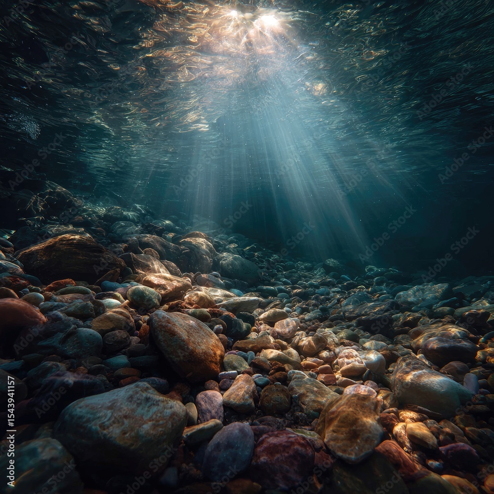Obraz premium Sunbeams illuminate a riverbed's smooth, colorful stones, creating a dramatic underwater scene of shadows and light