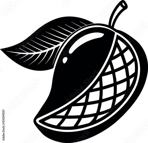 Juicy Mango Slice With Leaf Vector Silhouette On White Background