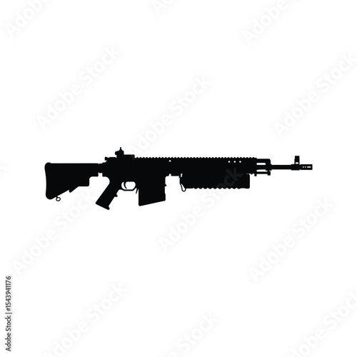 Black Silhouette of a Modern Assault Rifle Military Weapon Firearm Vector Illustration