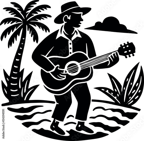 Man Playing Guitar At Beach Vector Silhouette On White Background