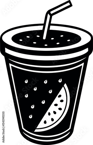 Plastic Drink Cup With Watermelon Lid Vector Silhouette On White Background