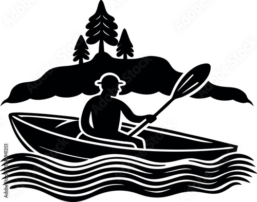 Person Kayaking Near Island Vector Silhouette On White Background