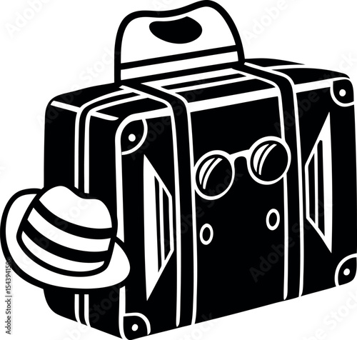 Suitcase With Sunglasses And Hat Vector Silhouette On White Background
