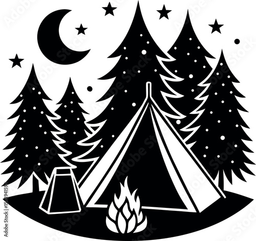 Tent And Bonfire On Summer Night Vector Silhouette On White Background