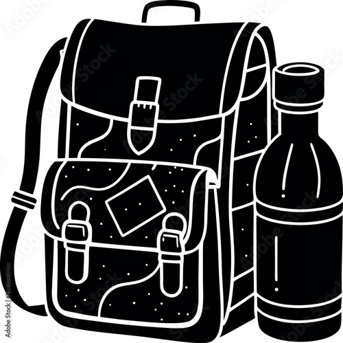 Backpack With Water Bottle And Map Vector Silhouette On White Background