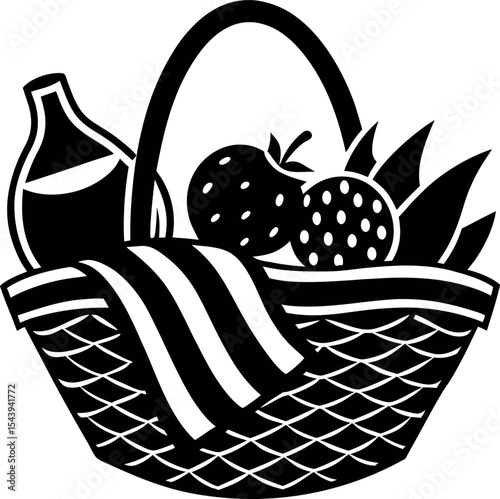 Beach Basket With Towel And Fruits Vector Silhouette On White Background