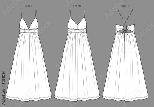 Vector flared long dress fashion CAD, woman maxi dress with shoulder straps technical drawing, gathering detail dress flat, template, sketch.Jersey or woven fabric dress, front, back view, white color
