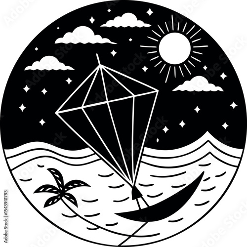 Beach Scene With Floating Kite Vector Silhouette On White Background