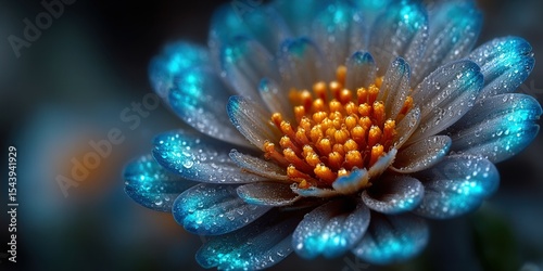 Close-up of a vibrant blue flower, adorned with water droplets, showcasing intricate details.