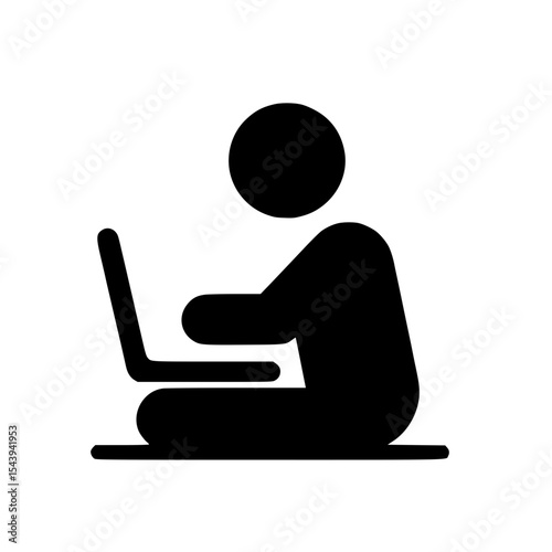 Minimalist Stickman Working on Laptop Silhouette – Black SVG Clipart Icon