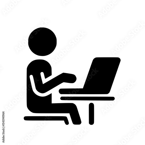 Minimalist Stickman Working on Laptop Silhouette – Black SVG Clipart Icon