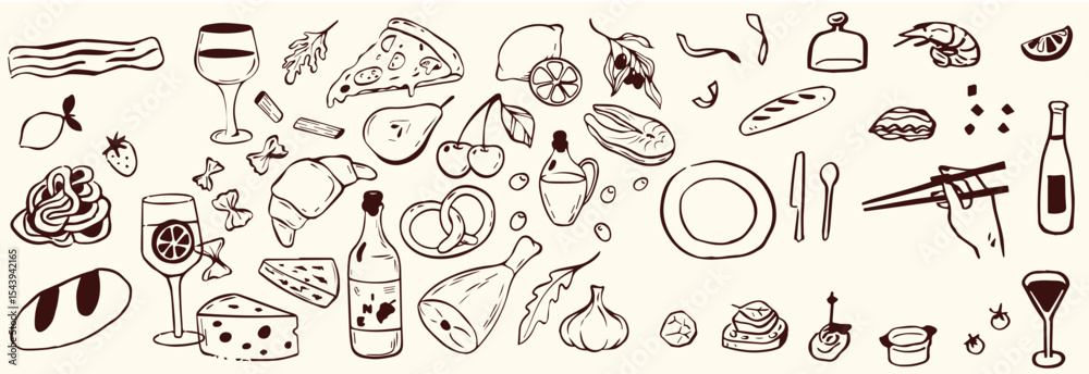 Hand-drawn Italian pizza illustrations set featuring a variety of whole and sliced pizzas, toppings, and decorative ingredients. Hand-drawn Italian pizza illustrations set featuring a variety of whole and sliced pizzas, toppings, and decorative ingredients.