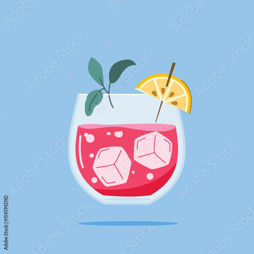 alcoholic beverage in Red Wine Glass. Summer appetizer decorated with mint leaves and orange. Illustration of soft and alcoholic beverages.