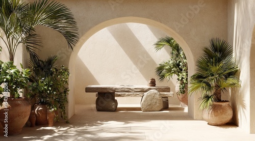 Sun-dappled courtyard with stone bench, potted plants, and arched passageways; tranquil, minimalist aesthetic
