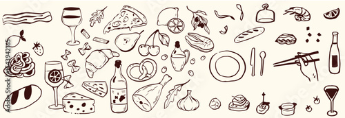 Hand-drawn Italian pizza illustrations set featuring a variety of whole and sliced pizzas, toppings, and decorative ingredients.