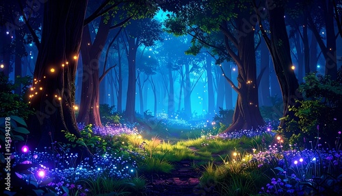 Fototapeta Naklejka Na Ścianę i Meble -  Enchanted Forest Night Path.