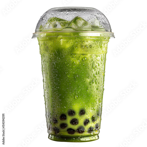 Refreshing matcha boba tea drink with ice in clear cup studio beverage isolated on transparent background