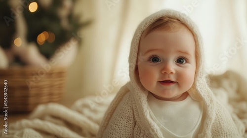 A cute baby clad in a soft knit hood, radiating joy and warmth, surrounded by cozy decor that evokes feelings of comfort and innocence.