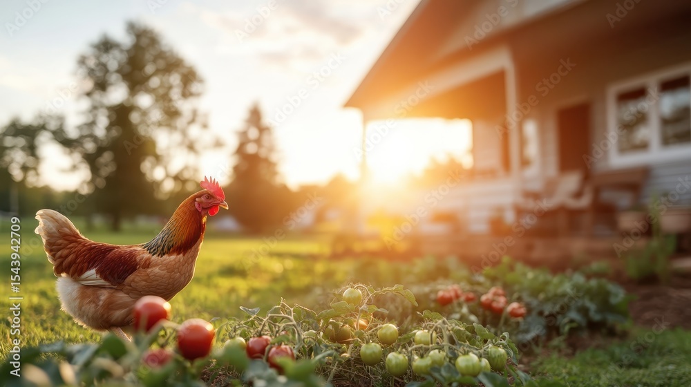 Fototapeta premium A picturesque rural scene featuring a hen roaming freely in a vegetable garden, symbolizing sustainable living and the beauty of nature in a home setting.