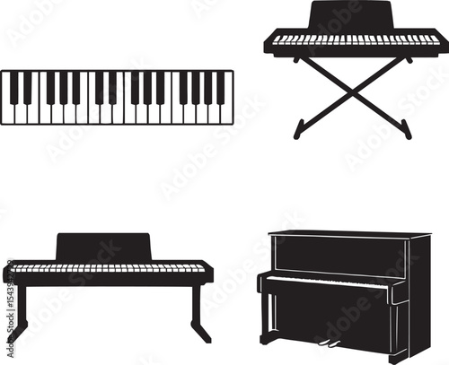 Piano and Keyboard Views – Top, Side, and Perspective Silhouettes of Grand, Upright, and Digital Instruments, Modern MIDI Instrument Vector on White Background, Sleek Modern Instrument