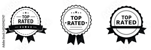Set of black top rated badges with ribbons and stars – vector emblem collection for premium quality label