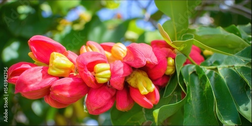 Stunning close-up of exotic red and yellow flowers blooming, showcasing nature's beauty.