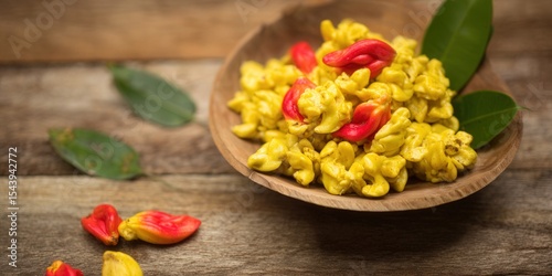 A close-up of yellow flowers with red accents in a wooden bowl on a wooden table.