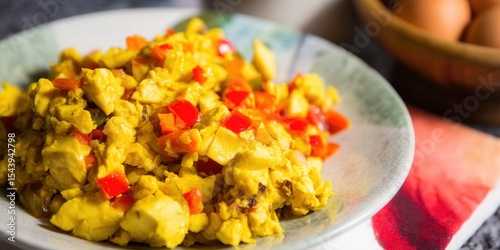 Scrambled eggs with diced red peppers served on a decorative plate, ready to be eaten.