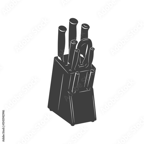 Black silhouette of knife block with set of kitchen knives