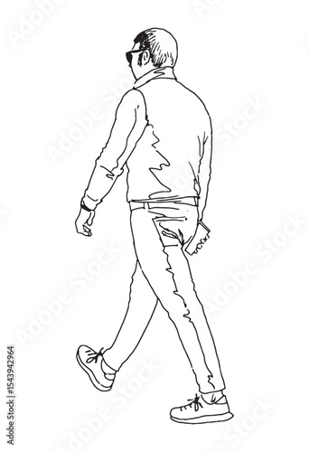 Contour drawing of one casual modern  man pedestrian in sunglasses with smartphone, walking outdoors, side view, realistic hand drawn vector illustration isolated on white