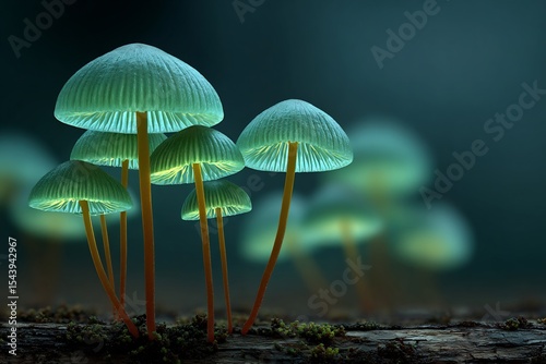 Mycena chlorophos mushrooms glowing green a humid subtropical forest at night realistic fungal cluster on decayed wood in misty background