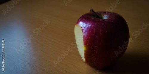 A vibrant red apple with a slice missing, resting on a wooden table.