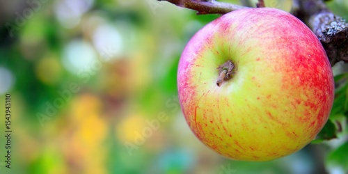 A vibrant apple hanging on a branch, showcasing its natural beauty and freshness.