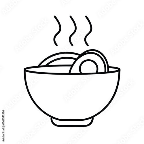 Ramen bowl with boiled egg and steam in line art Vector illustration