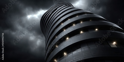 A captivating shot of a modern skyscraper against a dark, stormy sky with striking architecture.