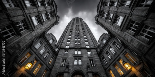 An imposing architectural masterpiece against a dramatic, cloudy sky in a city.