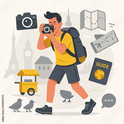 Vector illustration of Young backpacker exploring famous landmarks on city adventure trip with camera and travel gear in flat modern illustration style