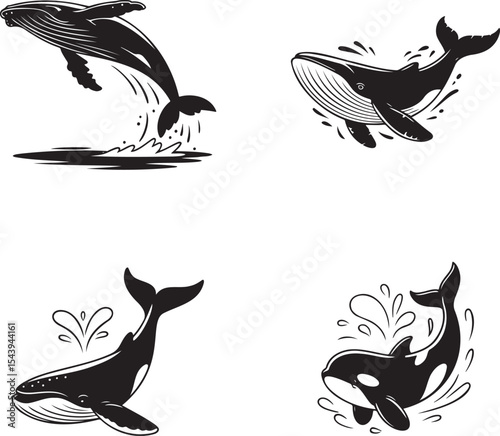 Whale silhouette set vector illustration isolated On Transparent Background