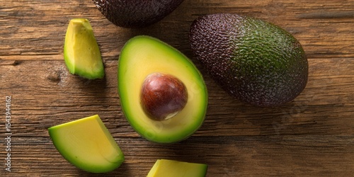 Fresh avocados, one cut open, arranged on a rustic wooden surface for a healthy and delicious meal.