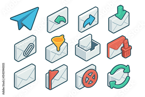 Email icon set with arrows, filters, attachments, and notifications