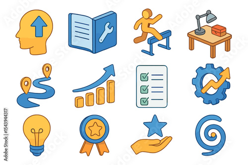 Colorful icons representing growth, learning, and success