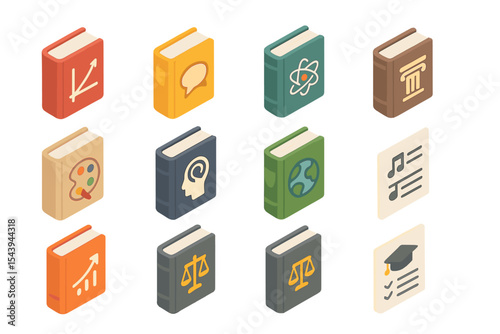 Colorful icon books representing diverse academic subjects and disciplines