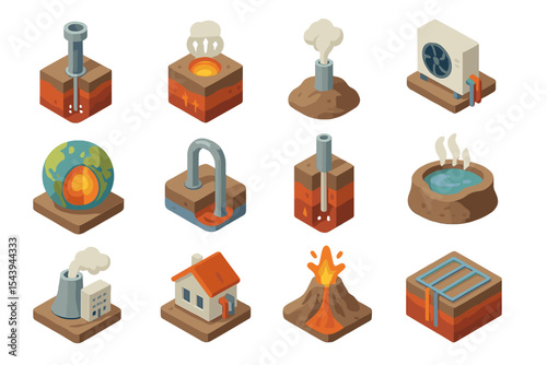 Geothermal energy icons with volcano, earth, and power plant graphics