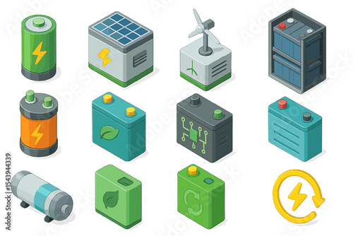 Renewable energy icons - batteries, solar, wind, eco-friendly technology