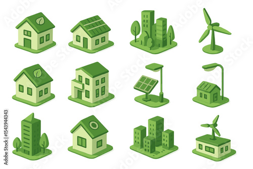 Sustainable cityscape with eco-friendly buildings and renewable energy icons